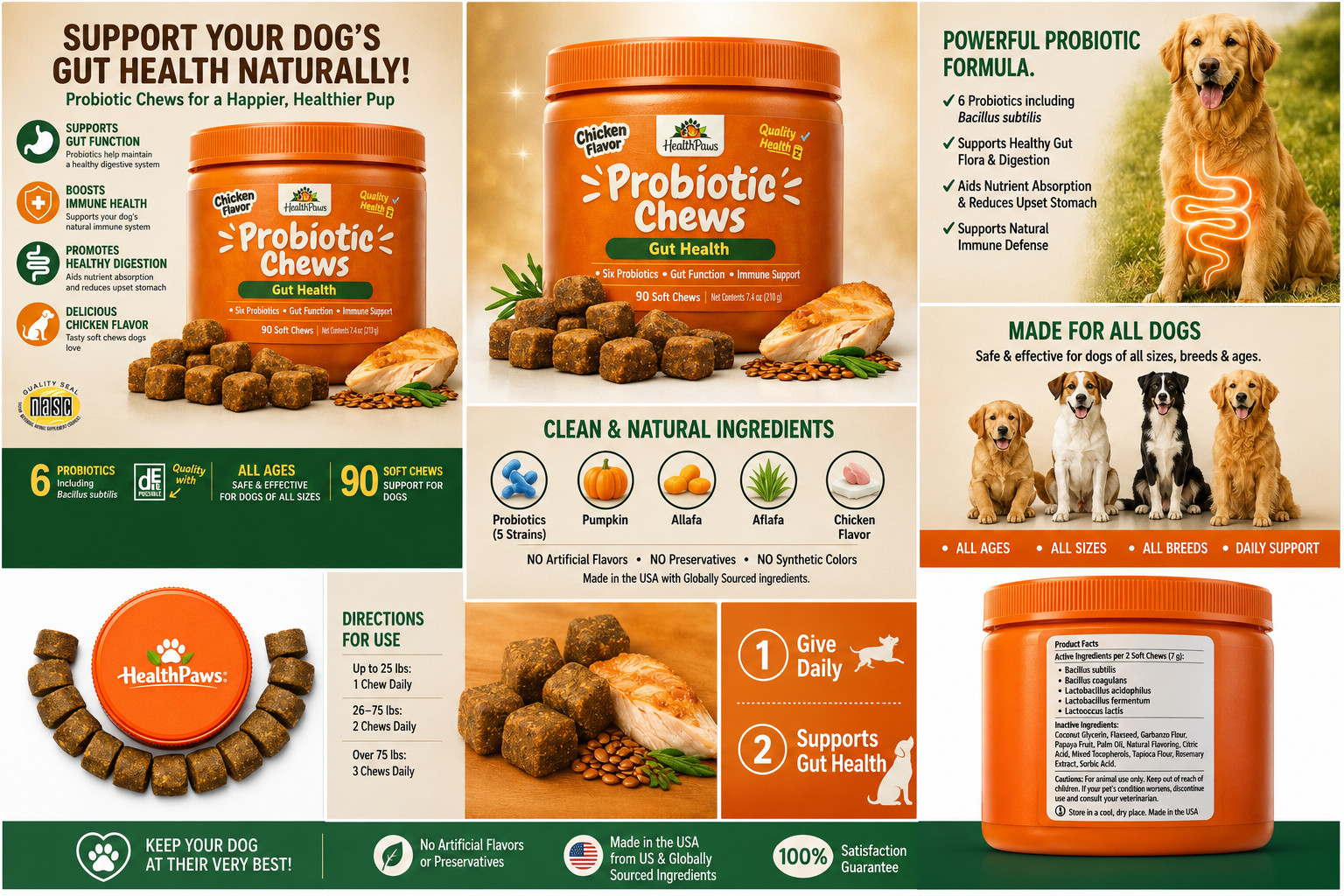 Probiotic Chews for Dogs – Gut & Immune Support – 6 Probiotics – Chicken Flavor
