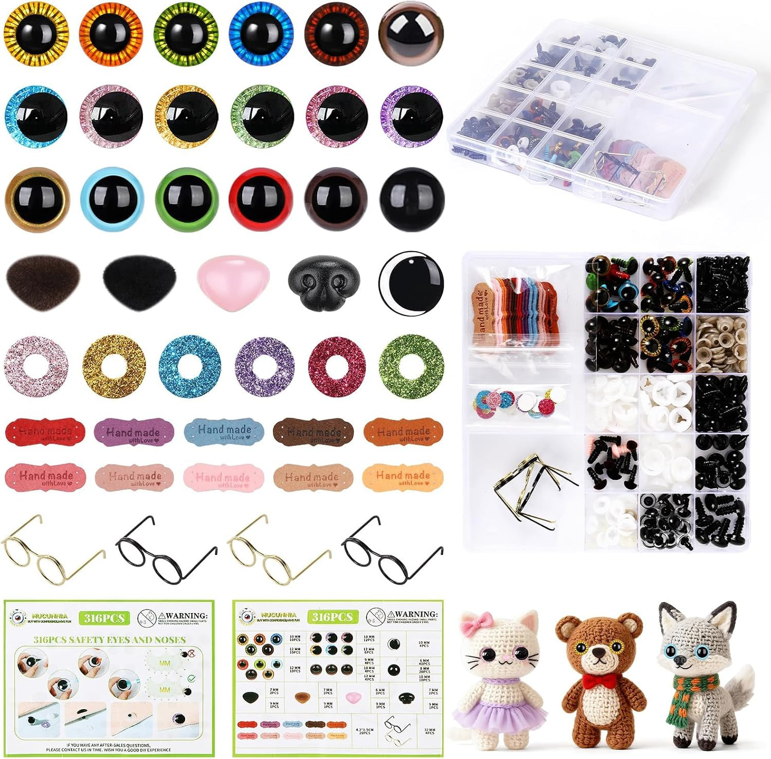 316PCS Safety Eyes for Crocheting with Washers 3D Safety Eyes and Noses Set Amig