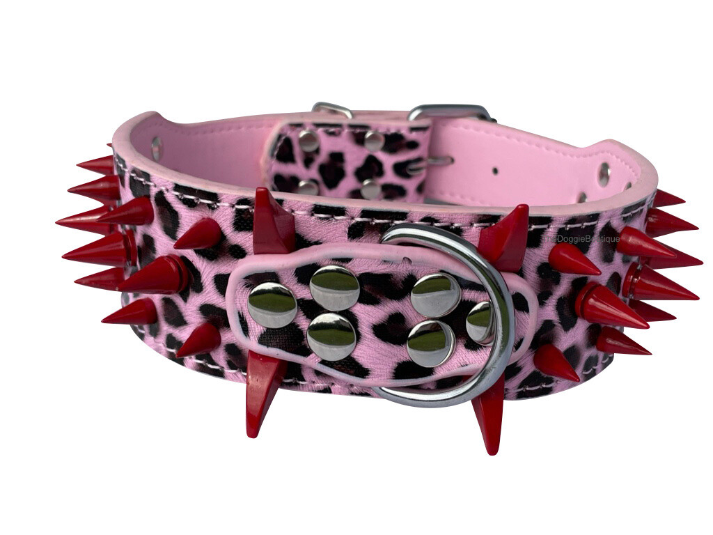 Dog Collar Sharp Red Spikes Spike Adjustable Rivet PU Leather 2″ wide S M L XL