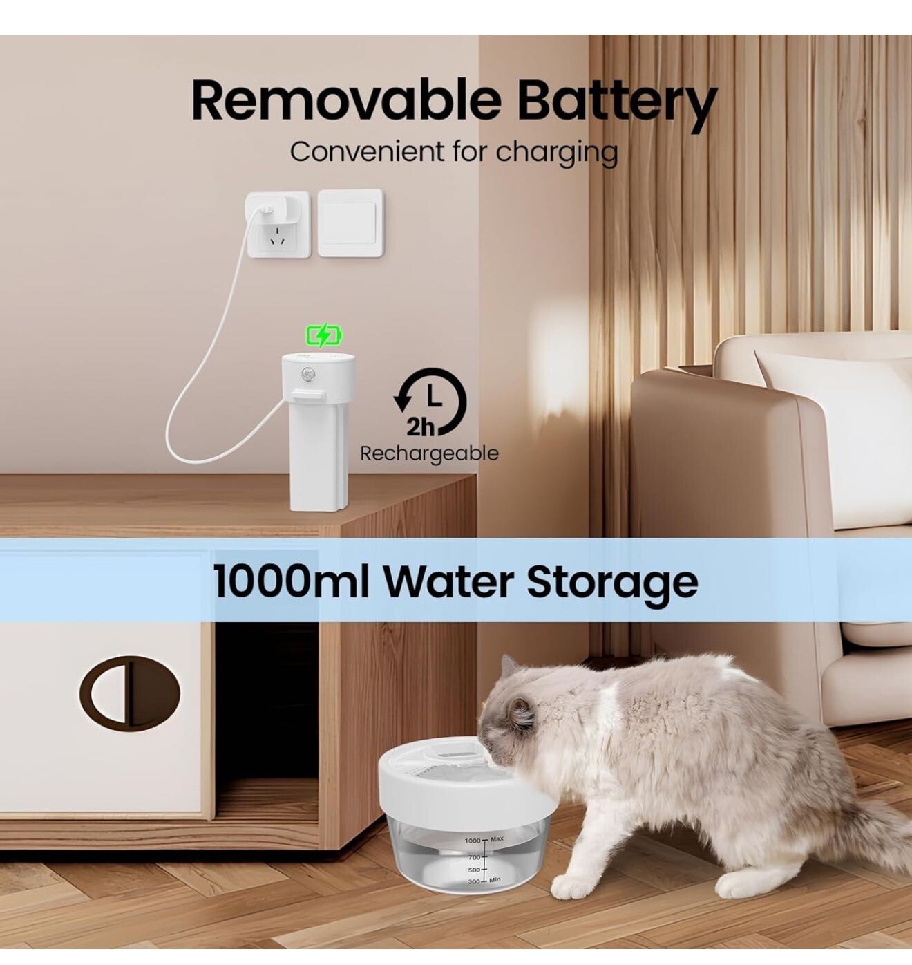 Cat Water Fountain, Battery Operated Water Fountains for Cats Indoor – 1L Wirele