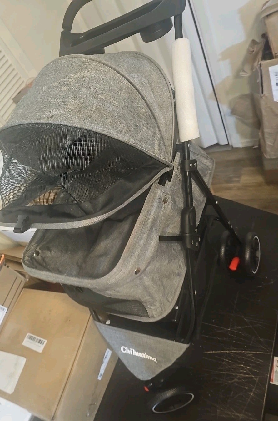 CHIHUAHUA 🐕 Pet Dog Cat Stroller for Sm~lrg Dogs Cats w/ Cup Holder Blk~n~Gry👀