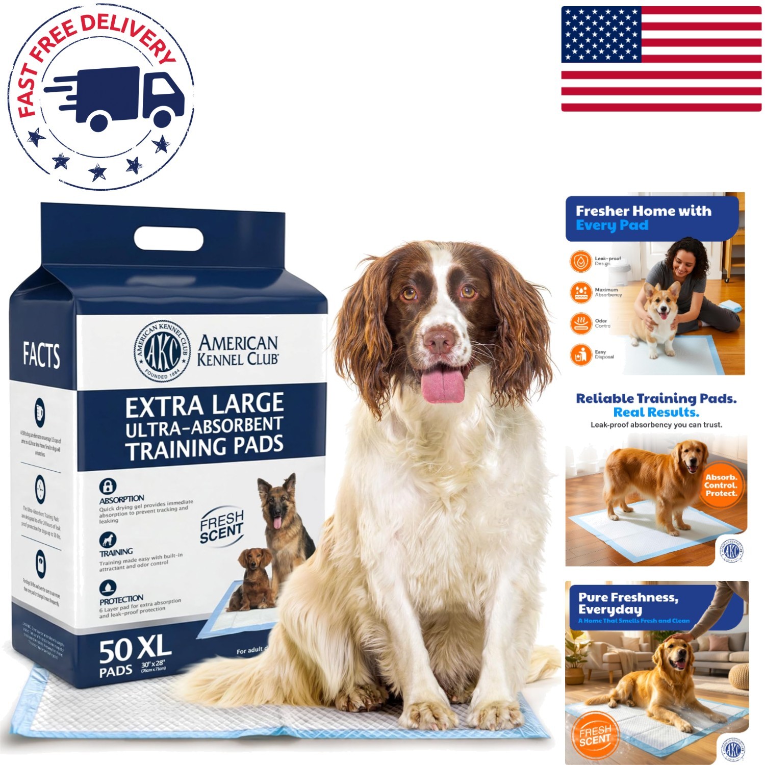 Extra Large 50 Count AKC Training Pads – 28″ x 30″, Odor-Neutralizing Technology