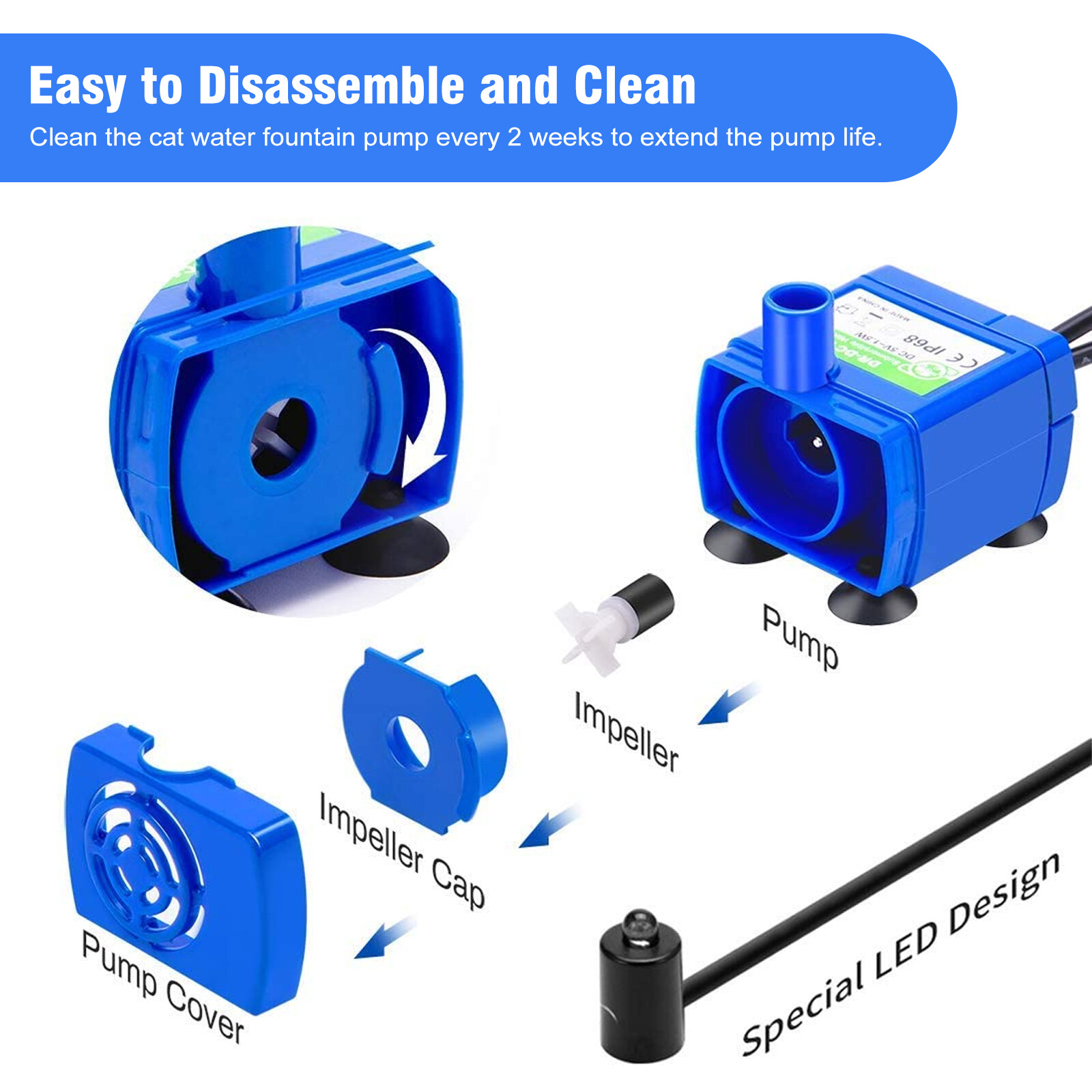 Electric LED Pet Drinking Water Fountain Pump USB Rechargeable Motor Replacement