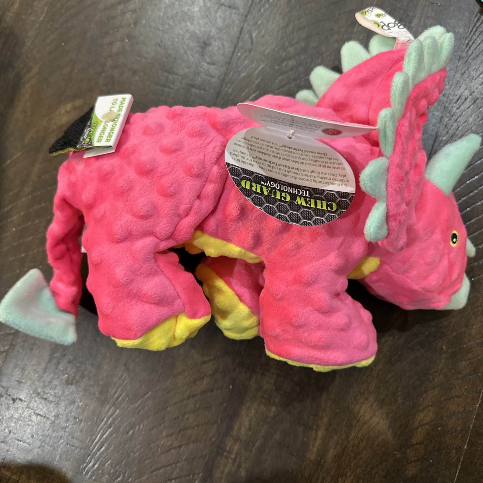 GoDog Dino Triceratops Toy Large Squeaker Pink Teal Yellow w/ Chew Guard Fabric