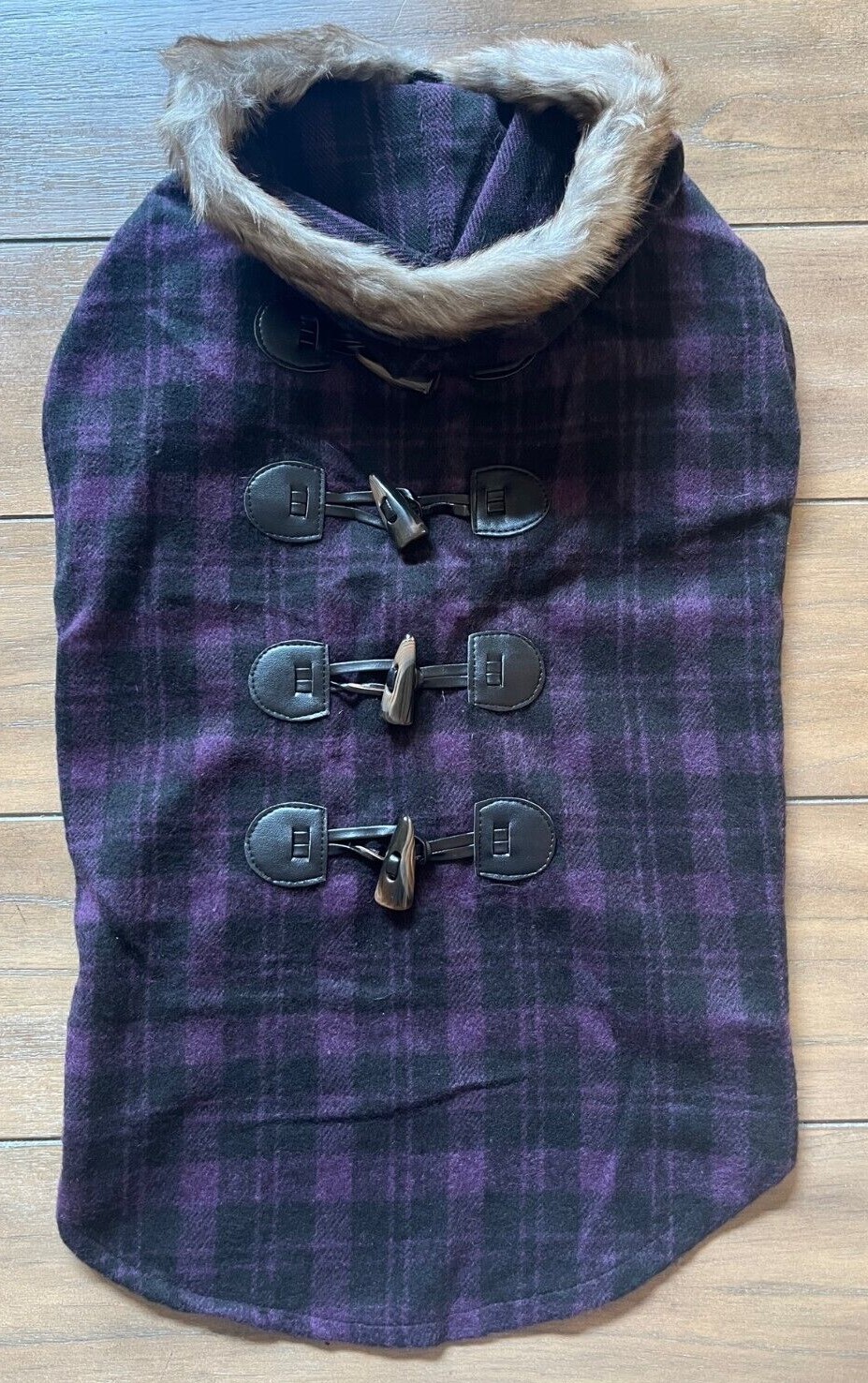Toggle Flannel Dog Coat w/ Fur Hood – LARGE – PURPLE – Plaid – Zack & Zoey – NWT