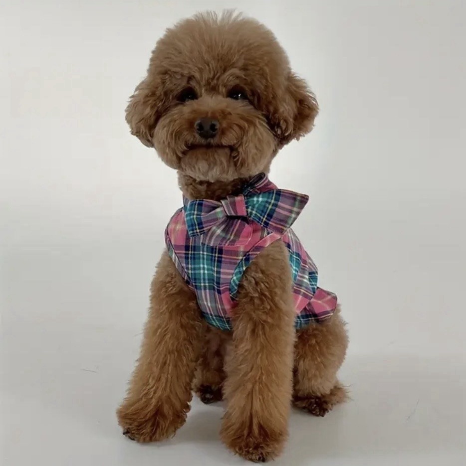 Plaid Flannel Dog Dress With Bow, Super Cute!