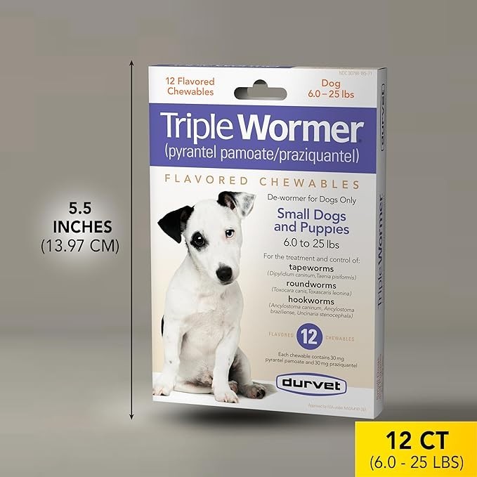 DURVET 12 flavored – chewables Triple Wormer Tablets for Small Dogs & Puppies