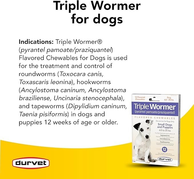 DURVET 12 flavored – chewables Triple Wormer Tablets for Small Dogs & Puppies