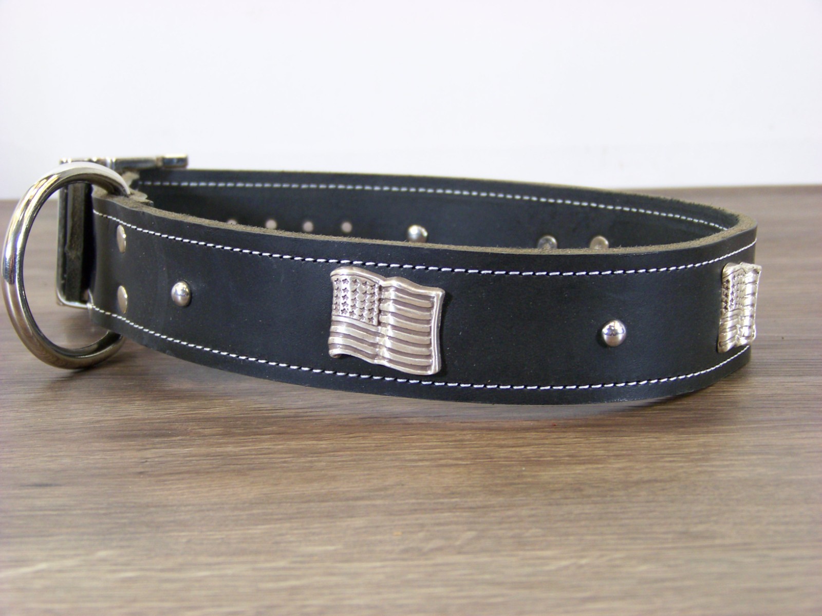 1 – 1/2″ Wide Top Quality Leather Dog Collar W/ American Flag Conchos Made USA