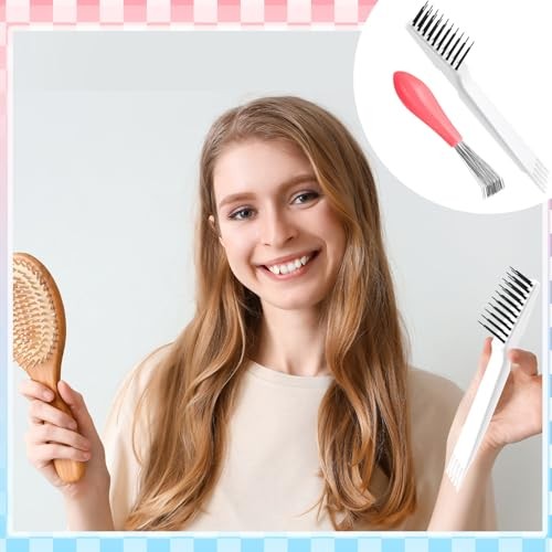 2 Pieces Hair Brush Cleaning Tool Comb Set 2-in-1 Mini Hair Pink and White