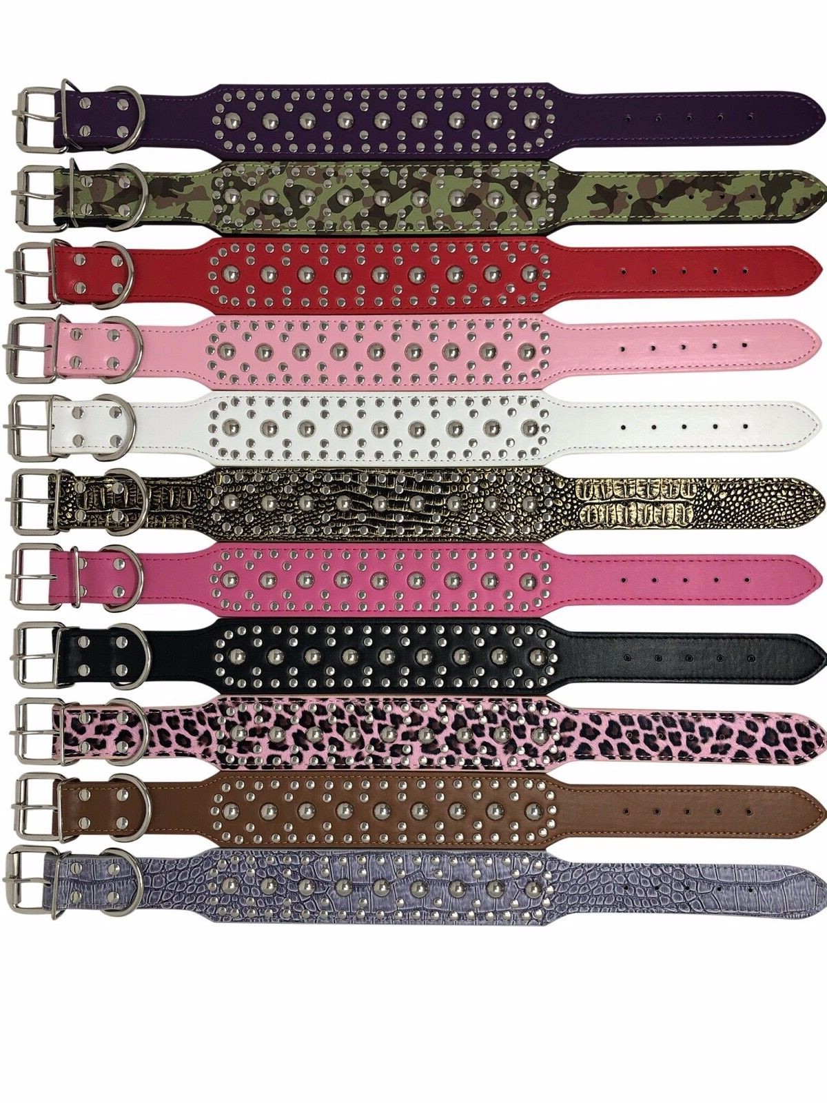 Dog Collar Studded Rivet Adjustable Faux Leather 2″ wide S M L XL 13 Colors