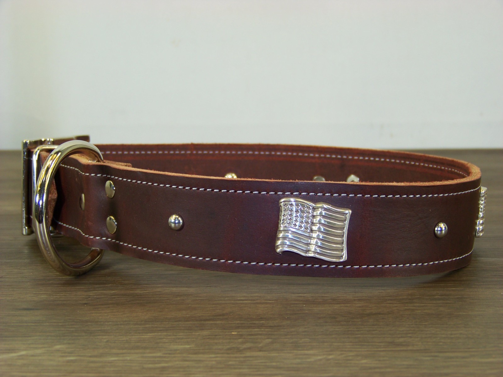 1 – 1/2″ Wide Top Quality Leather Dog Collar W/ American Flag Conchos Made USA