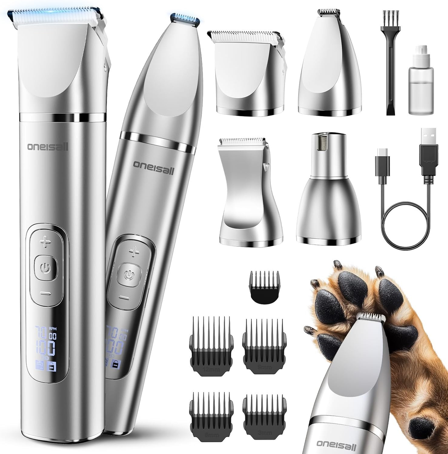 4 in 1 Dog Grooming Kit with LCD Display, Dog Hair Trimmer for Paw Nail