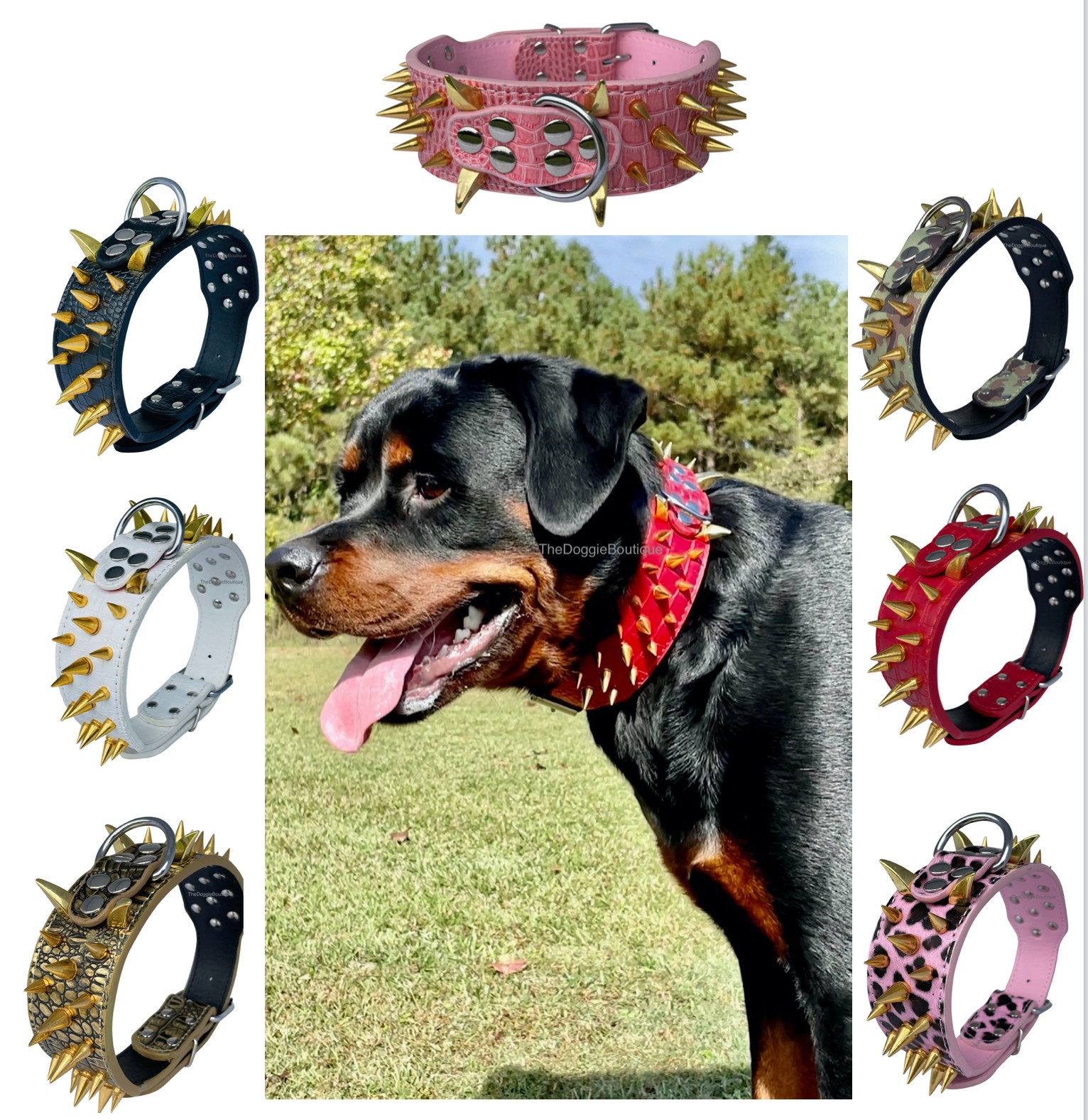 Dog Collar Sharp Gold Spikes Spike Rivet Adjustable PU Leather 2″ wide S M L XL
