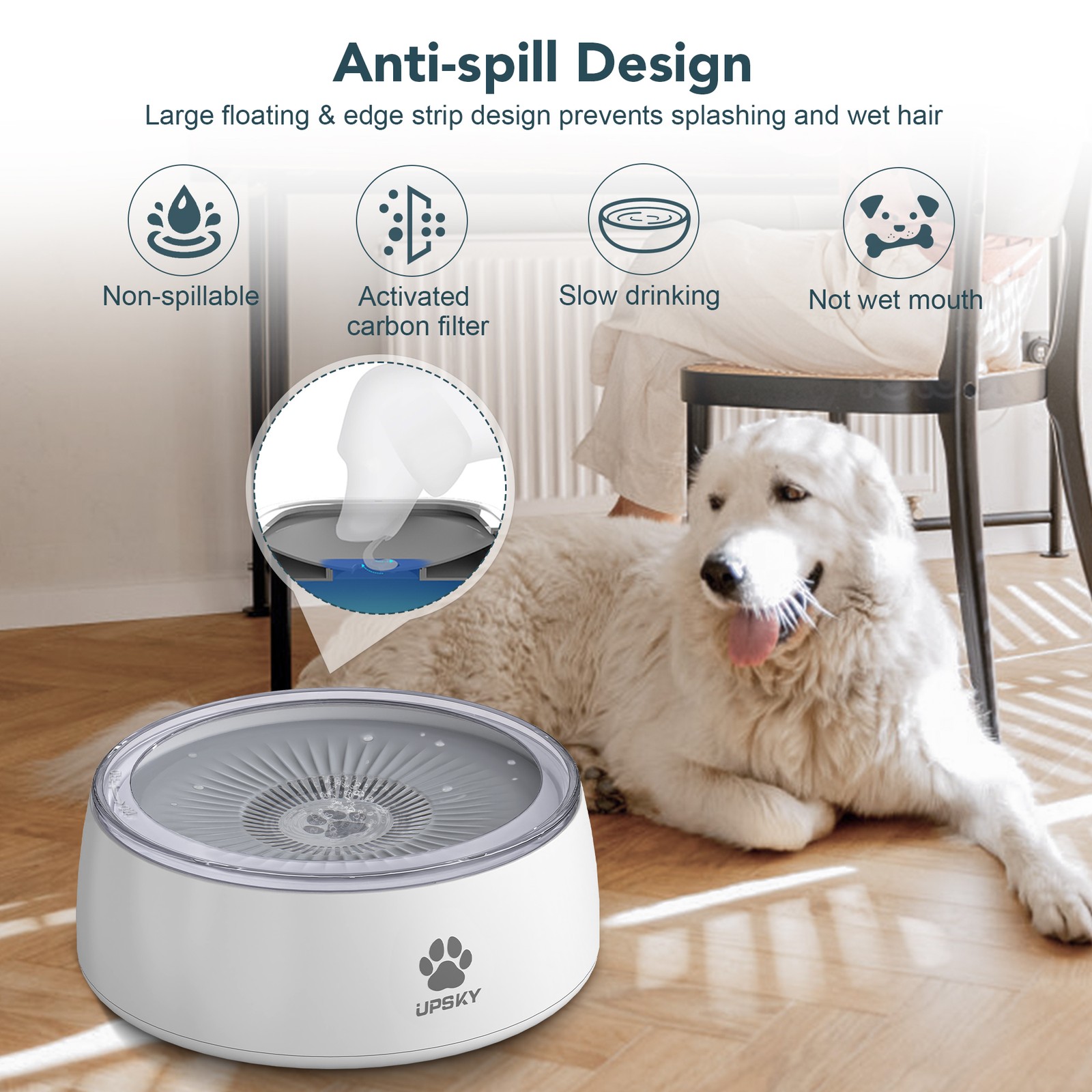 UPSKY 3L Dog Water Bowl Splash Proof Cat Water Dispenser Slow Drinking Bowl Pets