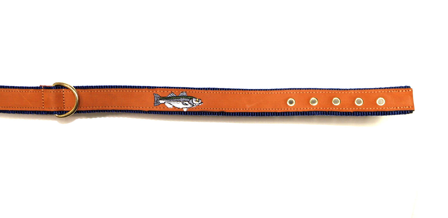 ZEP-PRO Brown Leather Blue Trim Fish Dog Collar 1-1/4″ Thick 26-1/2″ Long USA