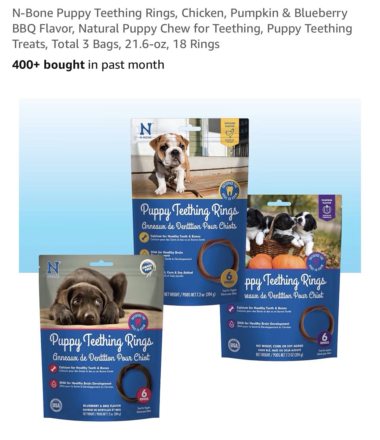 Puppy Teething Ring Variety Chicken, Blueberry, Pumpkin Flavor (3packs x6 Rings)