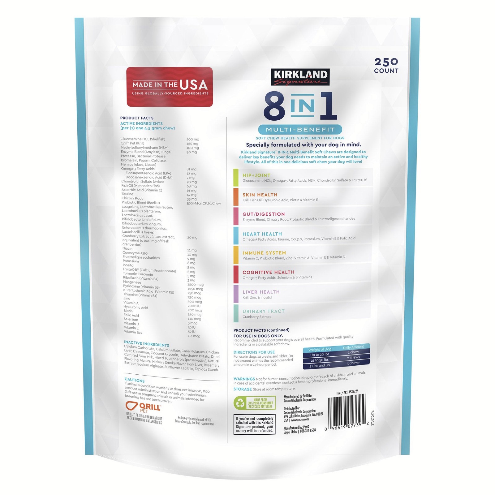 NEW KIRKLAND SIGNATURE 8 IN 1 MULTI BENEFIT SOFT CHEWS FOR DOGS, 250 COUNT