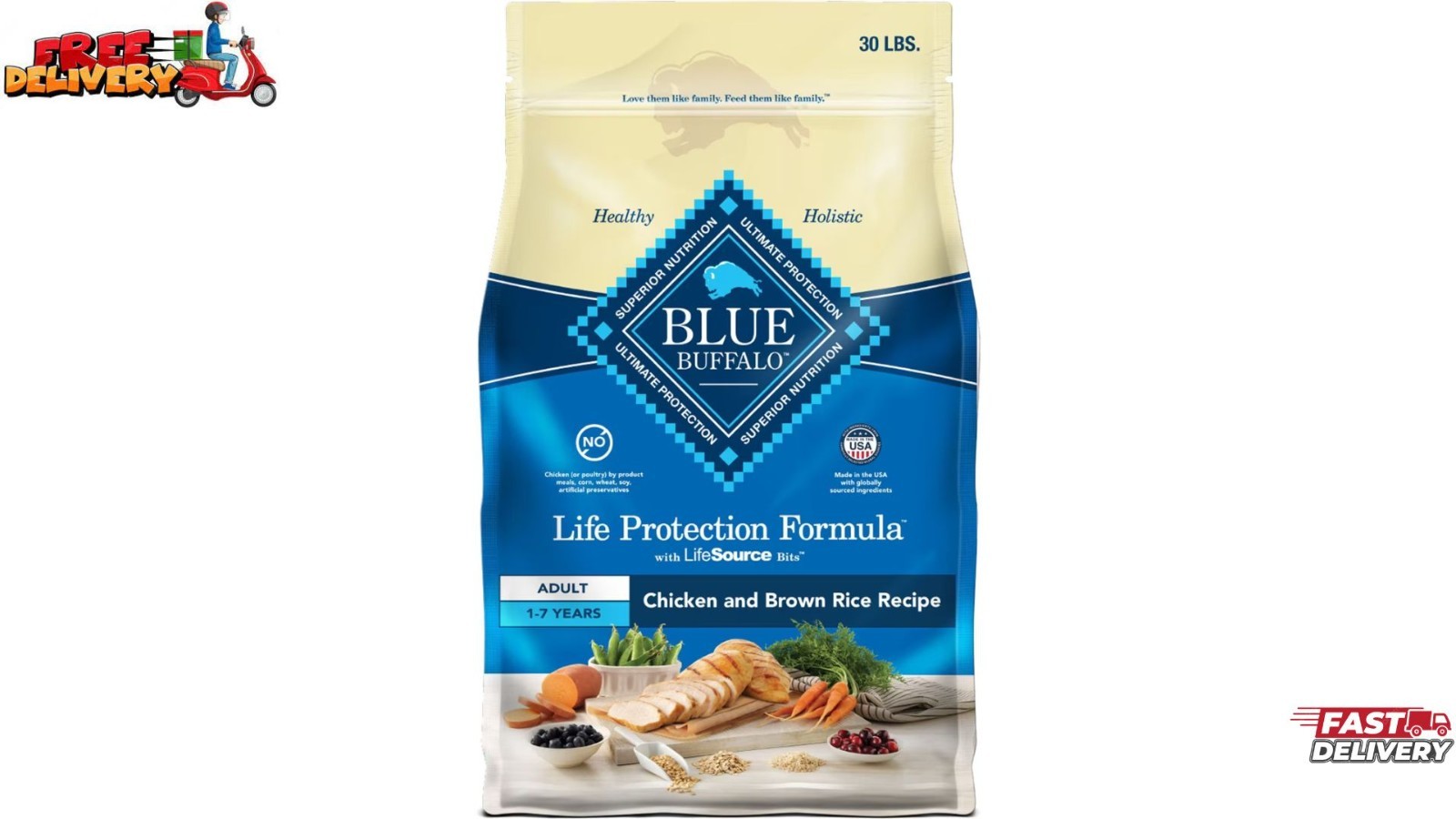30Lbs Blue Buffalo Life Protection Formula Chicken Brown Rice Adult Dry Dog Food