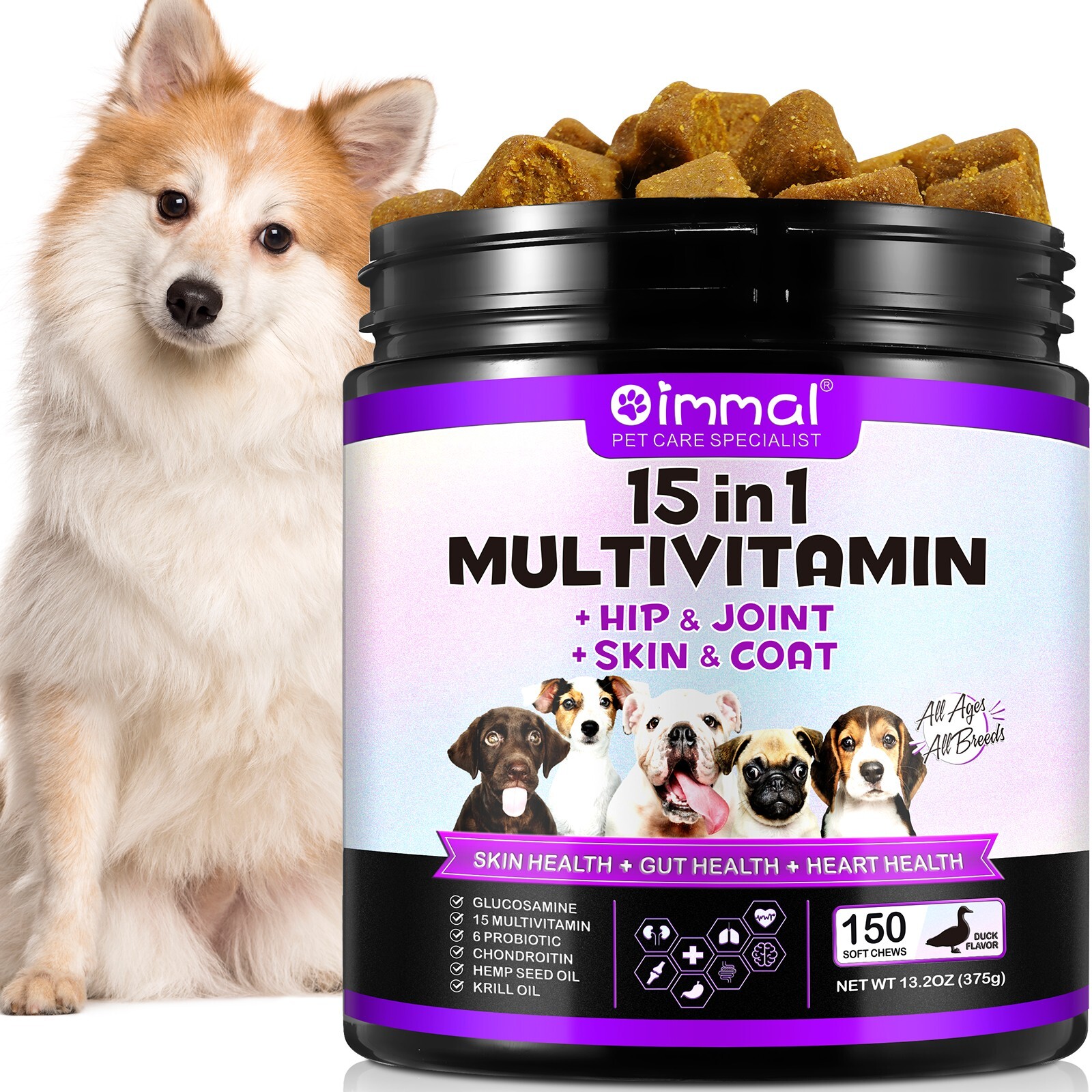 15 in 1 Dog Multivitamins and Supplements, Dog Hip and Joint Supplement,150 Chew