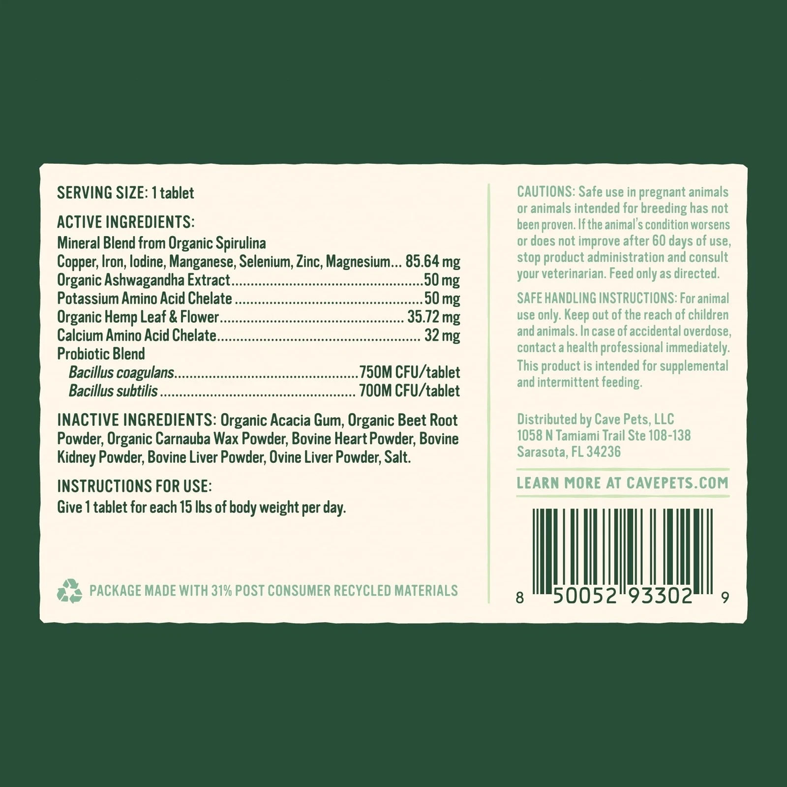 Dog Probiotic Tablets – Digestive & Relaxation Support, Hemp & Glandular, 60