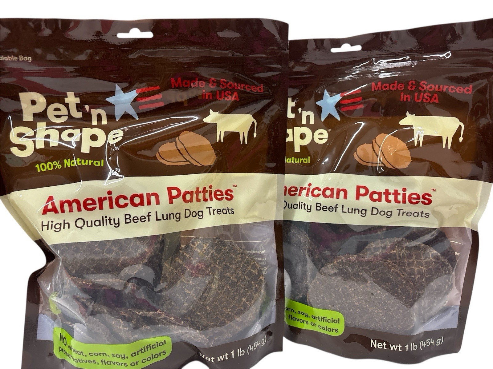 2 Bags (16oz each) Pet ‘n Shape All American Beef Lung Patties Dog Treats
