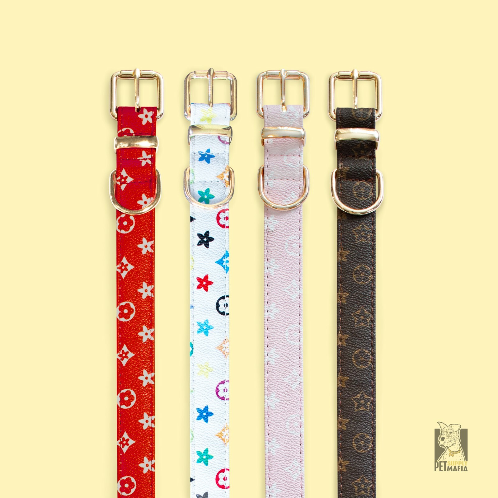 Red Collar + Leash kit -PU Leather Designer monogram Dog Collar Gold hardware