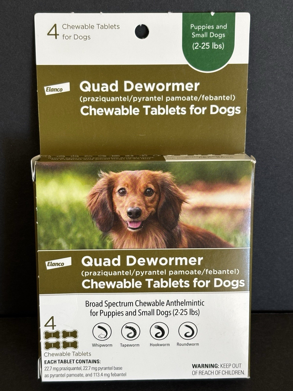 Elanco Quad Dewormer Chewable Tablets 4 Ct for Small Dogs 2-25 lb , EXP 12/2026