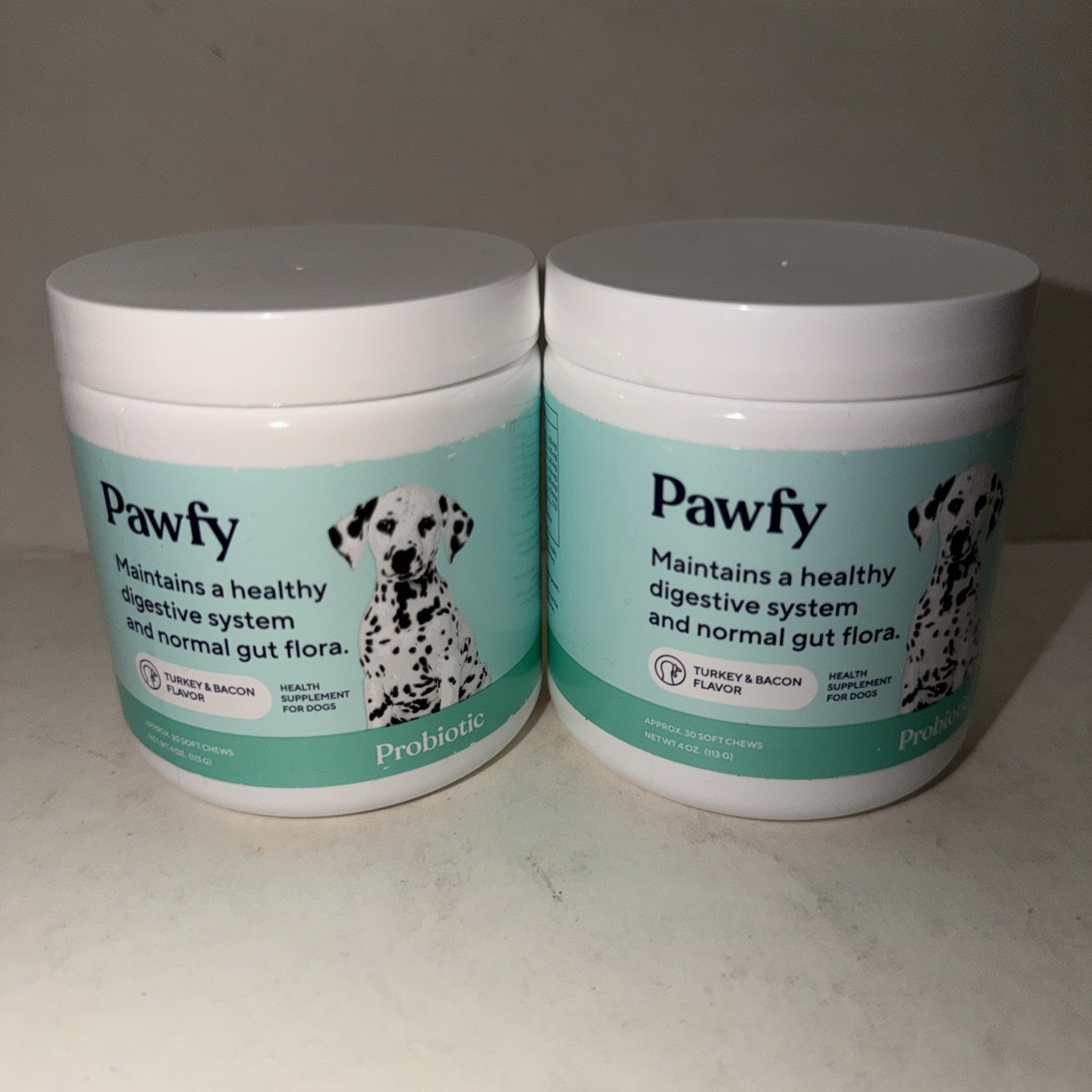 Pawfy Probiotic Soft Chews Digestion Aid Turkey & Bacon, Adult, 2 Jars 60 chews