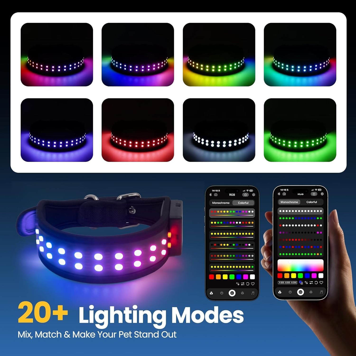 LED Dog Collar App Controlled Large; Light Up Night Safety Collar