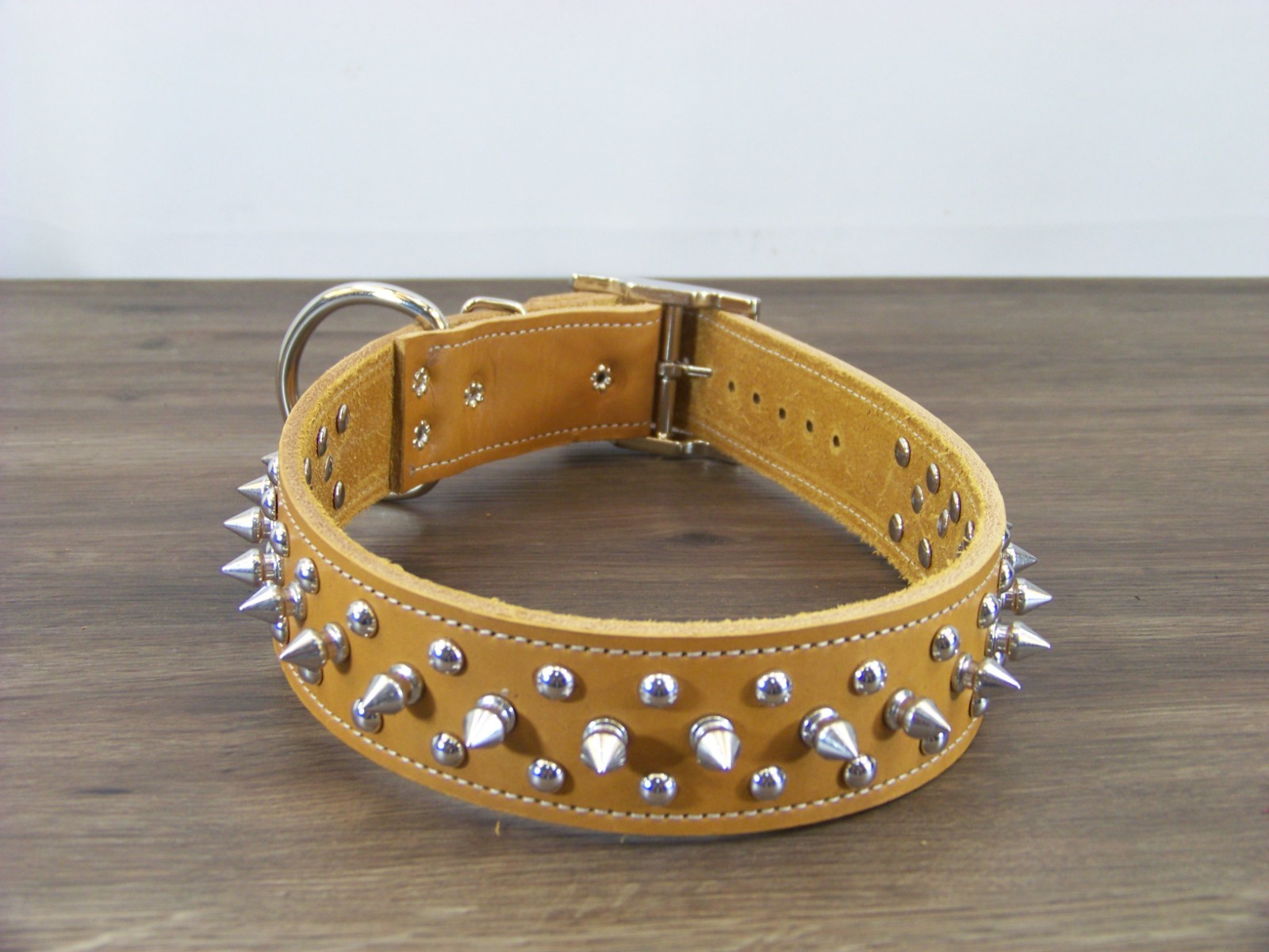 1 – 1/2″ Wide Top Quality Leather Dog Collar W/ Spikes & Domes Made In USA