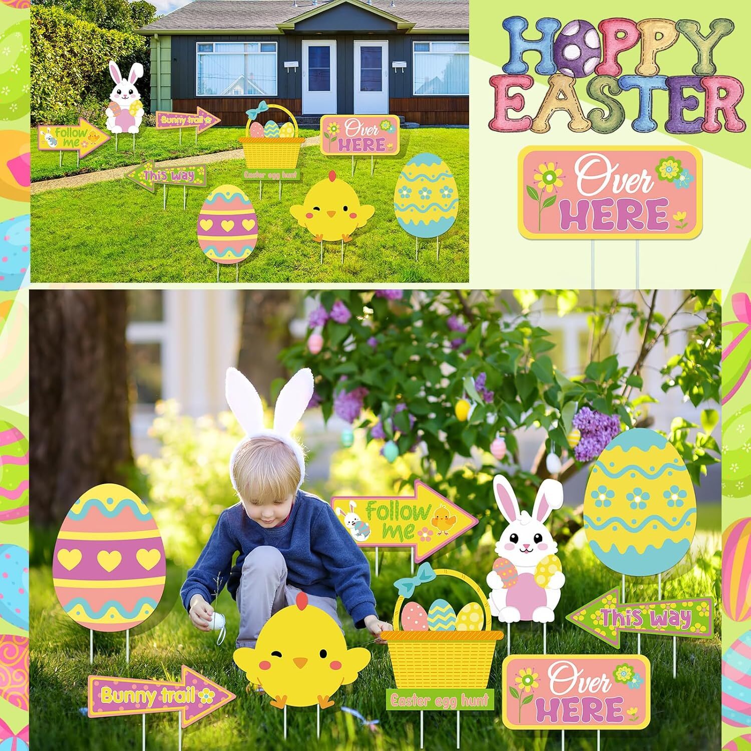 9 Pcs Easter Yard Signs Decorations Egg Hunt as shown in pictures
