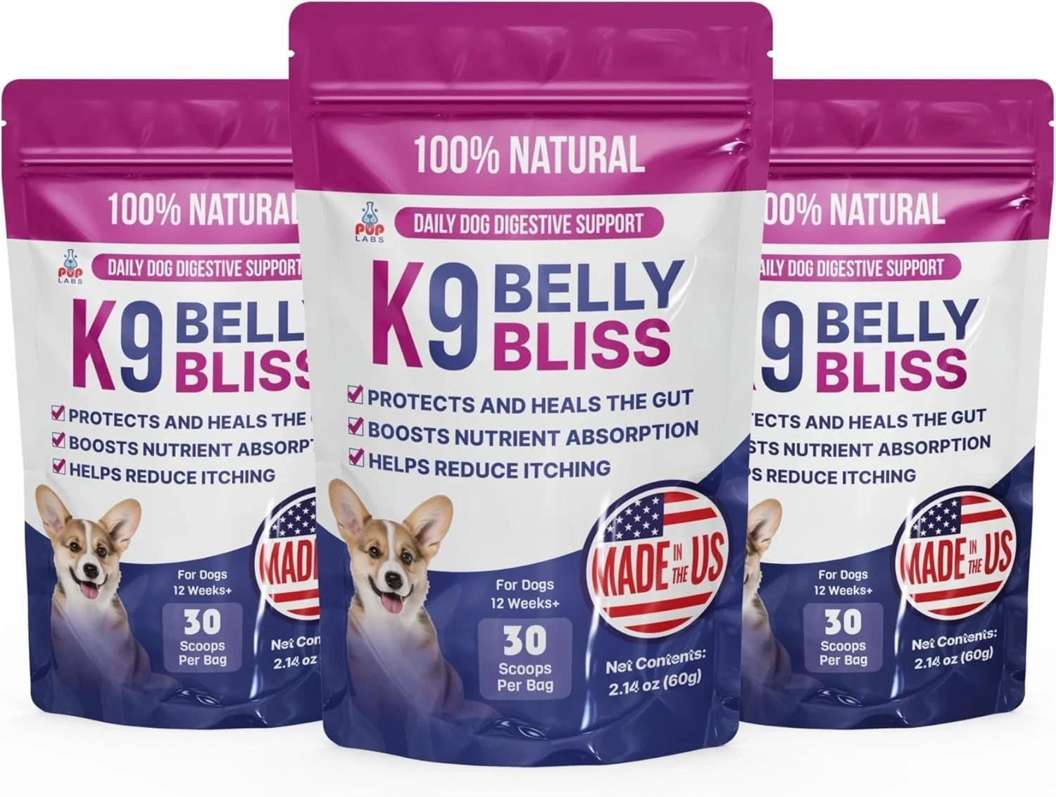 Pup Labs K9 Belly Bliss All-Natural Gut Health for Dogs (3 pack) 30 Scoops Each