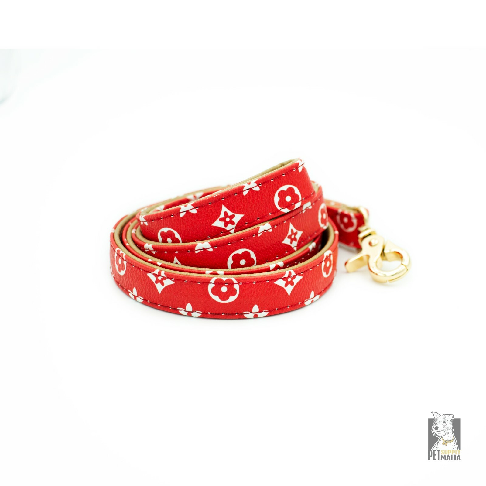 Red Collar + Leash kit -PU Leather Designer monogram Dog Collar Gold hardware