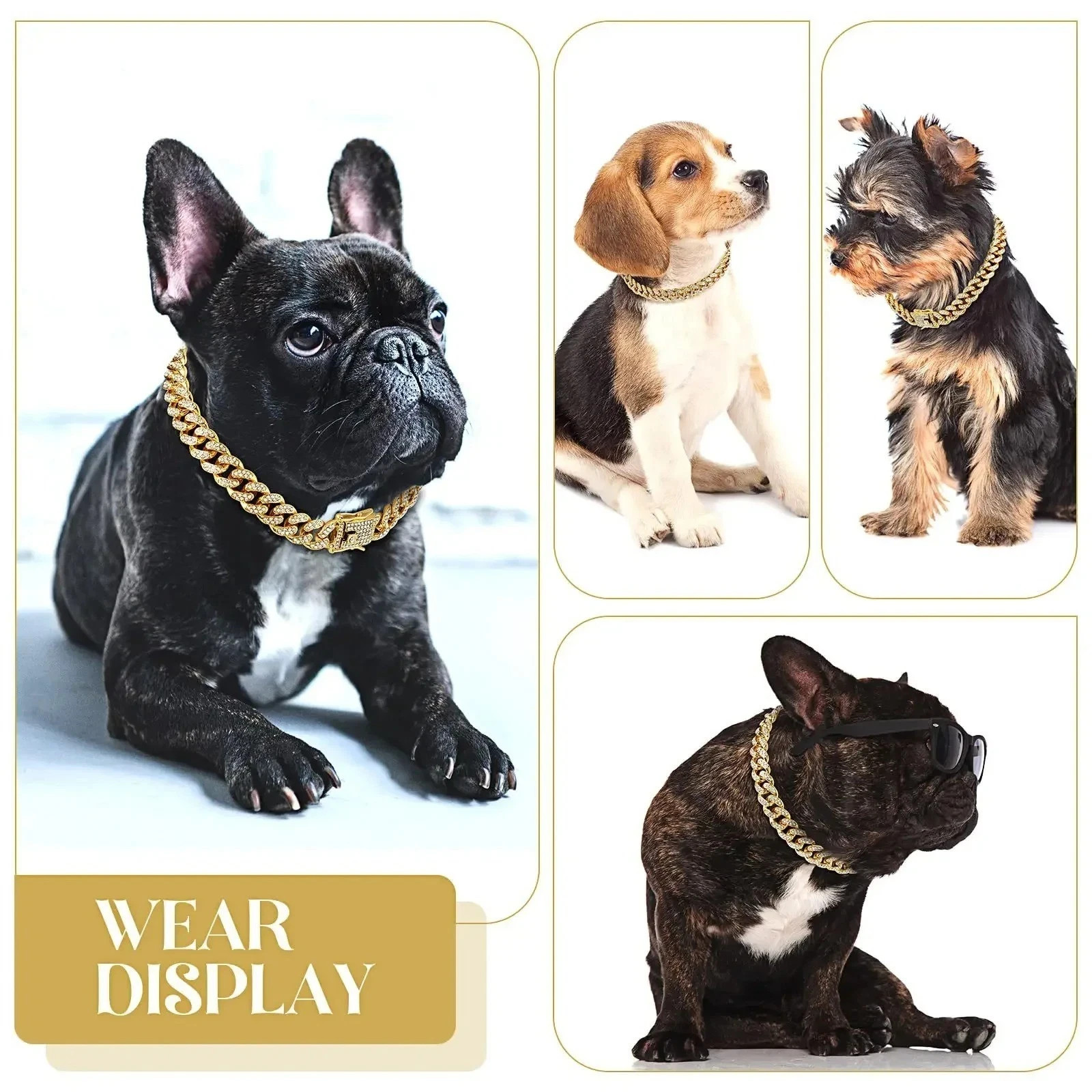 Pet Dog Cat Metal Gold Chain Diamond Cuban Collar Link Luxury Necklace Bling USA