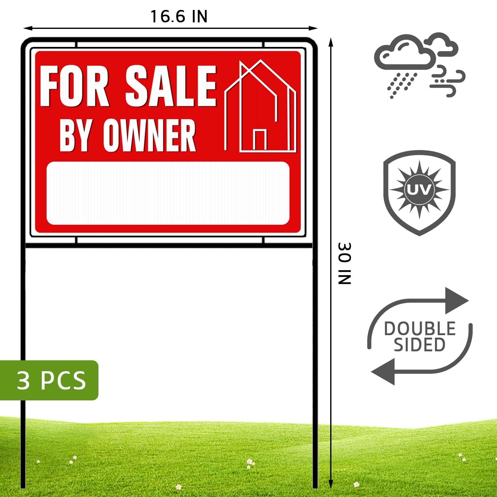 For Sale By Owner Yard Sign with Stakes, 30 inches High, Medium, Red