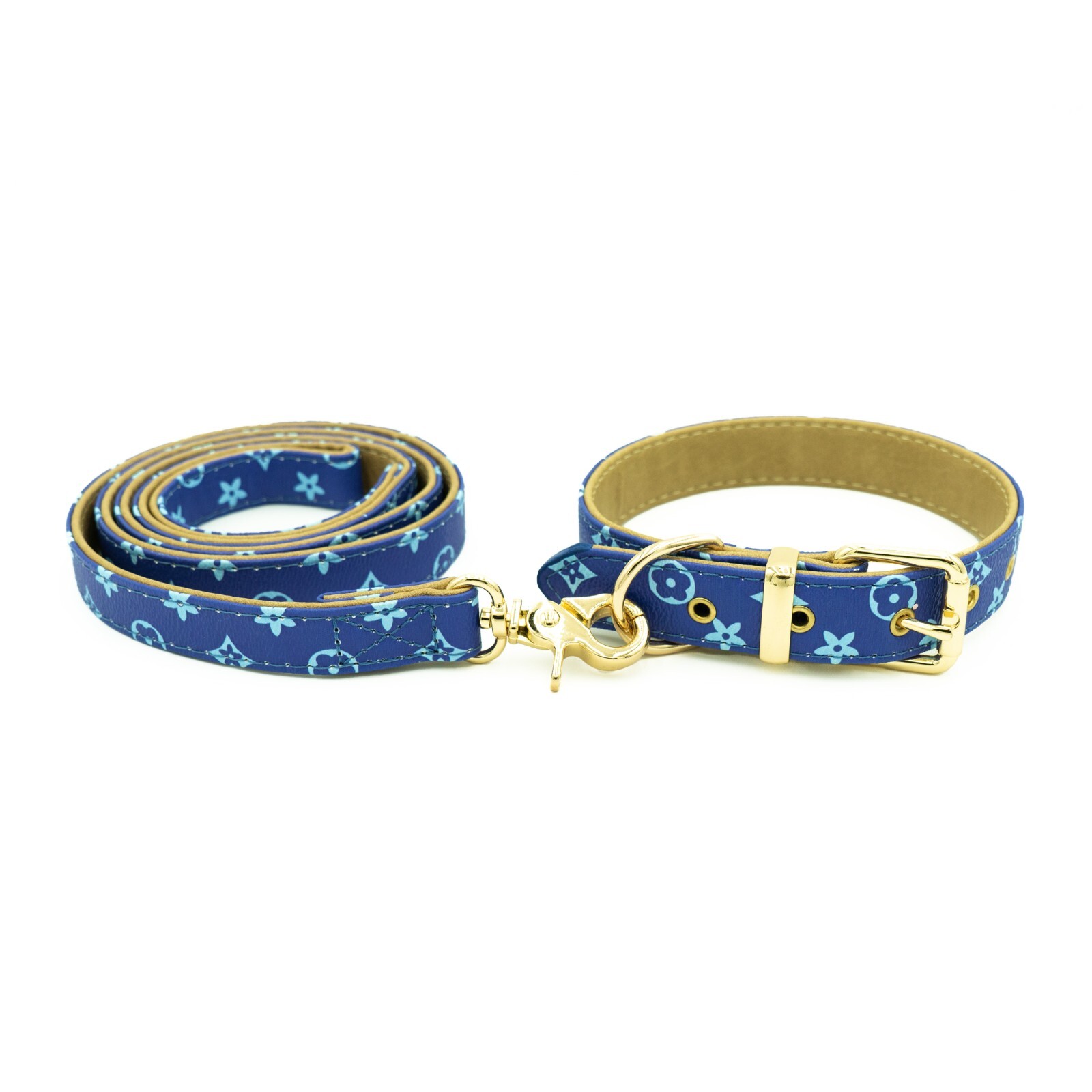 Blue Dog Collar & Leash – Leather Designer Fashion Pet Collar XS, S , M, L , XL