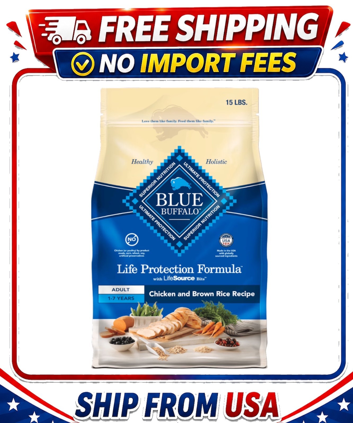 Blue Buffalo Life Protection Formula Adult Dry Dog Food,Chicken &Brown Rice,15lb