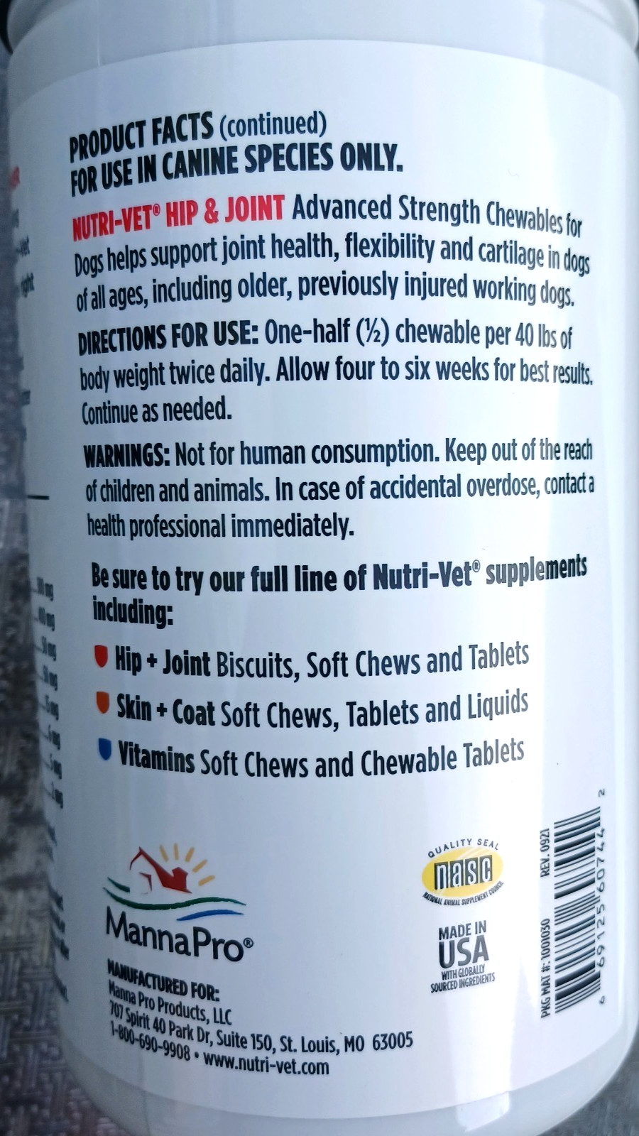 Nutri-Vet Advanced Hip & Joint Dog Supplement 500mg Glucosamine 300 Tablets NEW