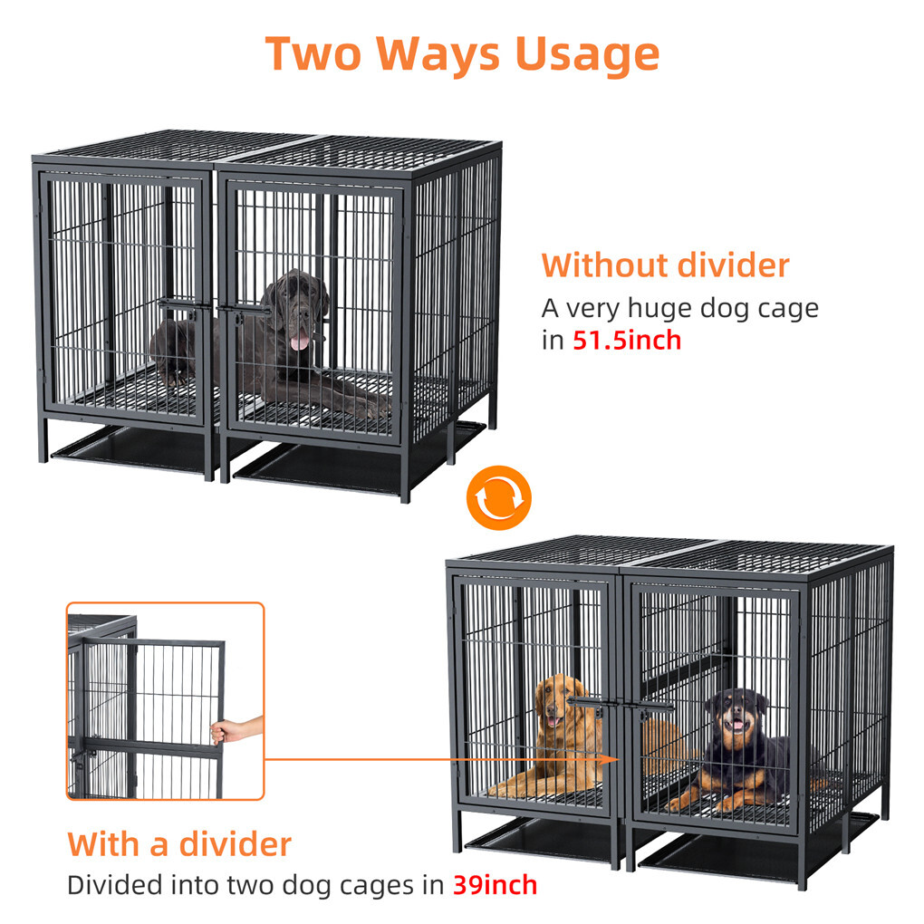 Jumbo Heavy Duty Metal Double Dog Cage Kennel Crate Playpen with Divider＆Tray