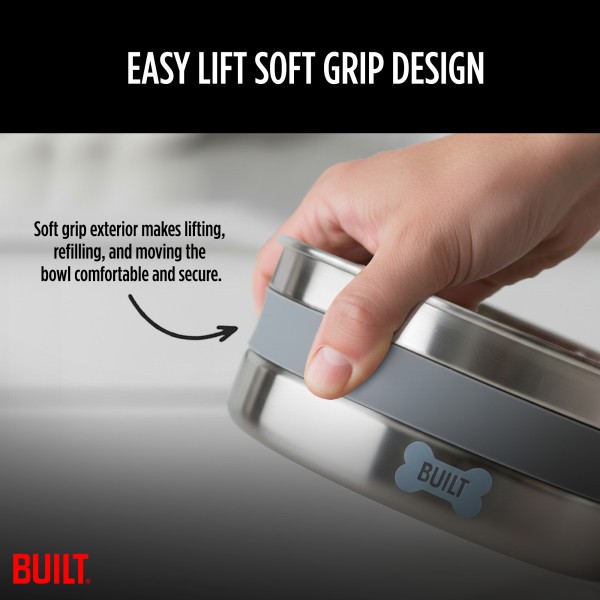 BUILT Dog Bowl – 64 Oz Stainless Steel Pet Bowl with Soft Grip & Non-Slip Base