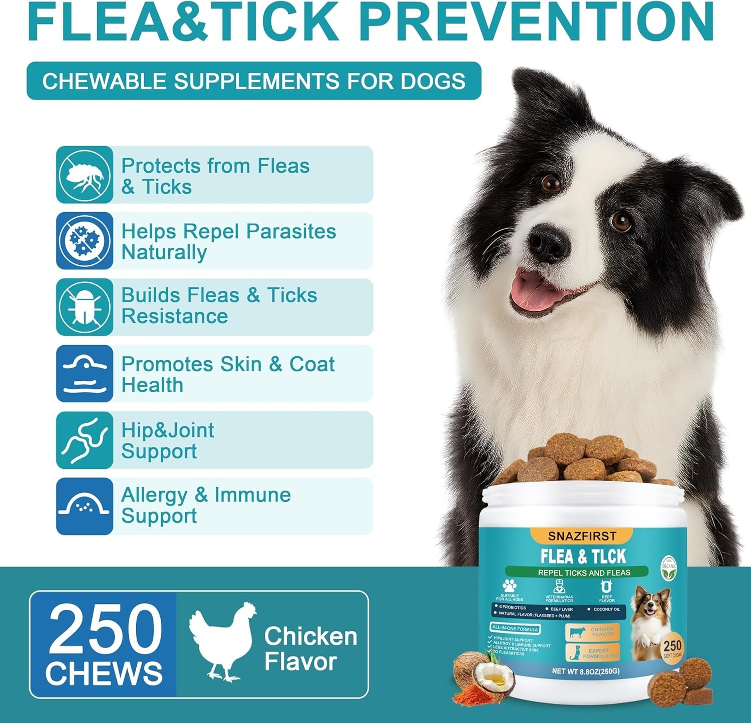 100% Natural Flea and Tick Prevention Chewable Pills for All Dogs, Made In USA