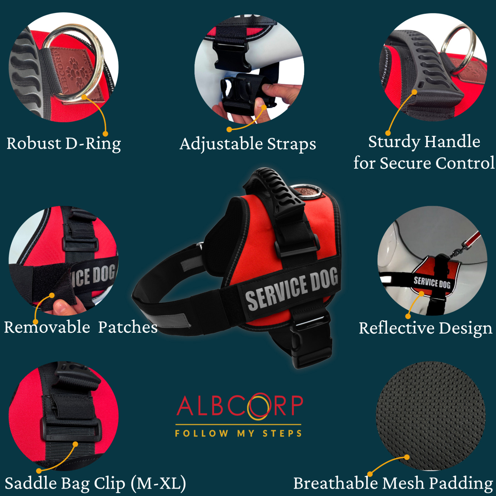 ALBCORP Reflective Service Dog Vest Harness, Woven Nylon with Adjustable Straps