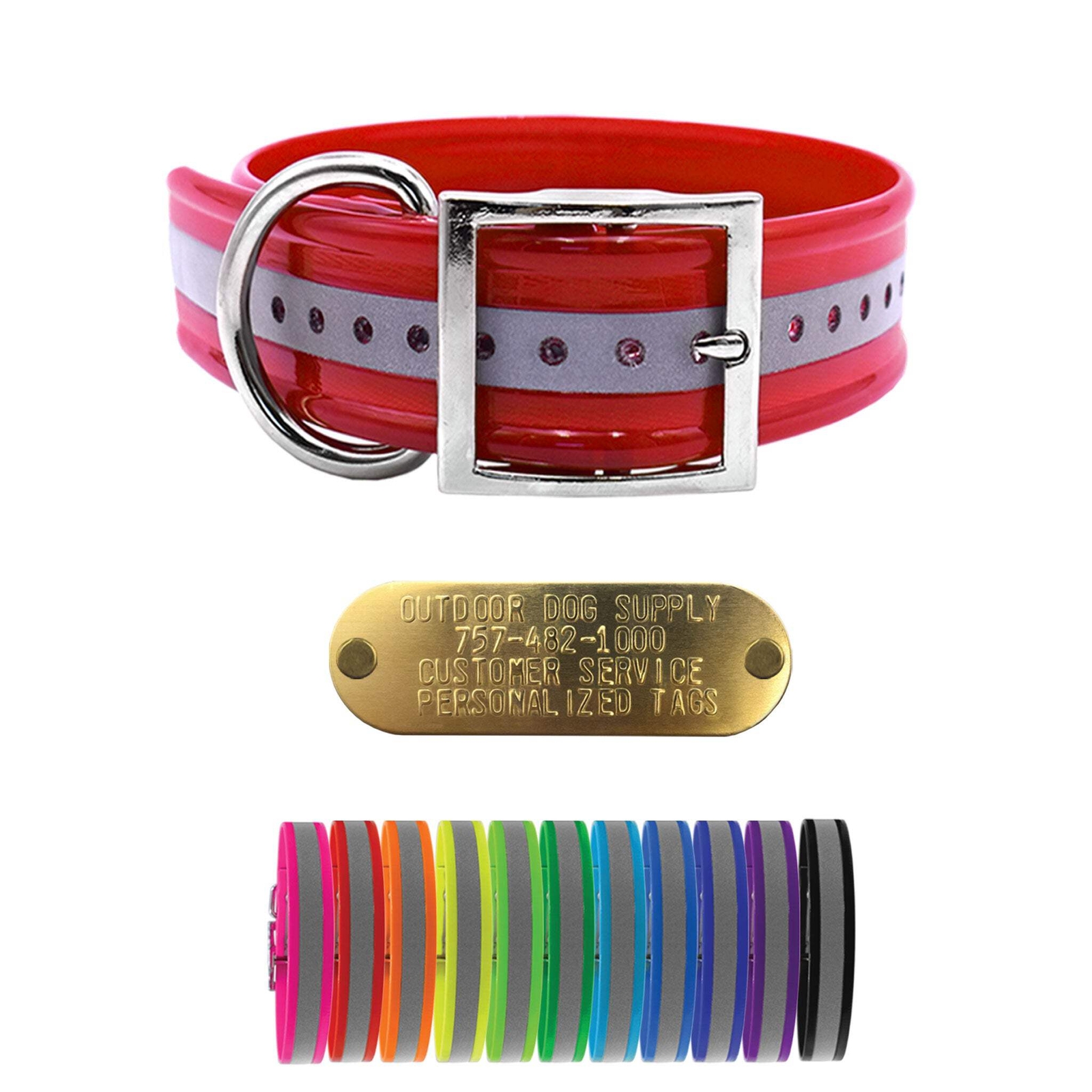 1 1/2″ Reflective Premium Glow Tuff D Ring Large Dog Collar with 1″ Brass Name P