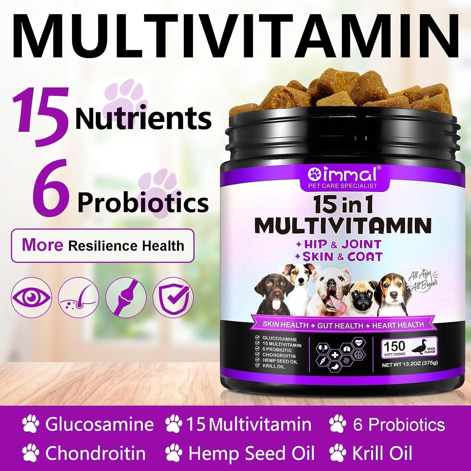 15 in 1 Dog Multivitamins and Supplements, Dog Hip and Joint Supplement,150 Chew