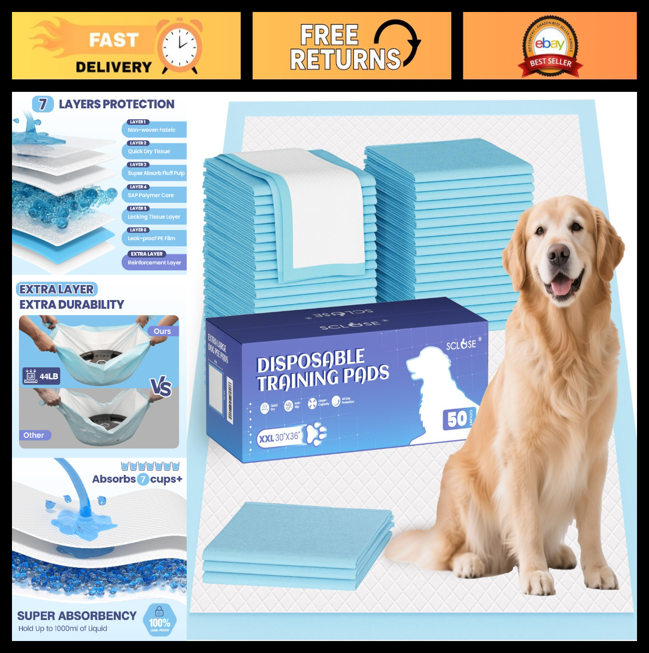 Extra Large Dog Pee Pads 30″x36″ – 50 Count Super Absorbent Leak-Proof Training