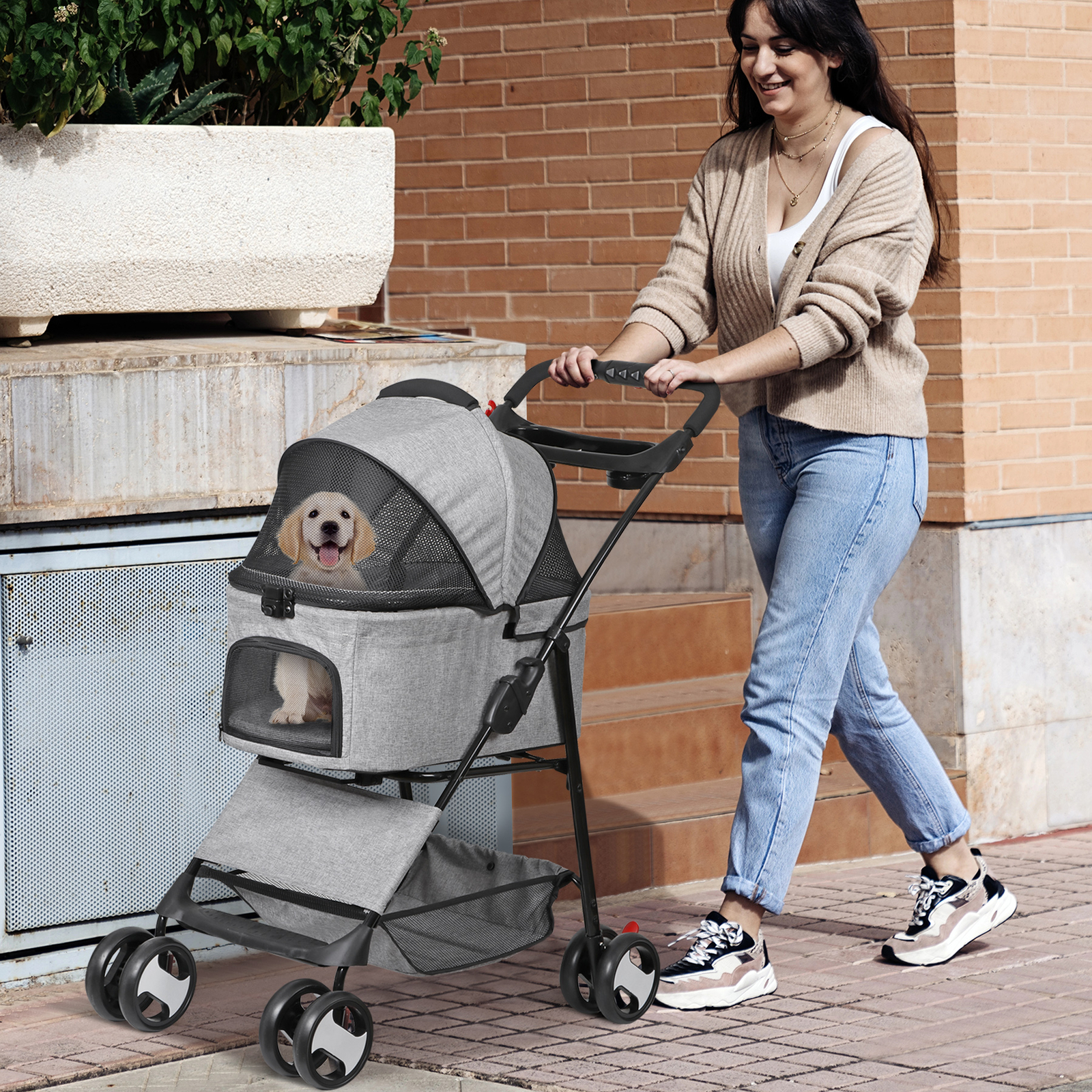 3 in 1 Folding Dog Stroller Pet Stroller for Medium Dog w/Removable Carrier Gray