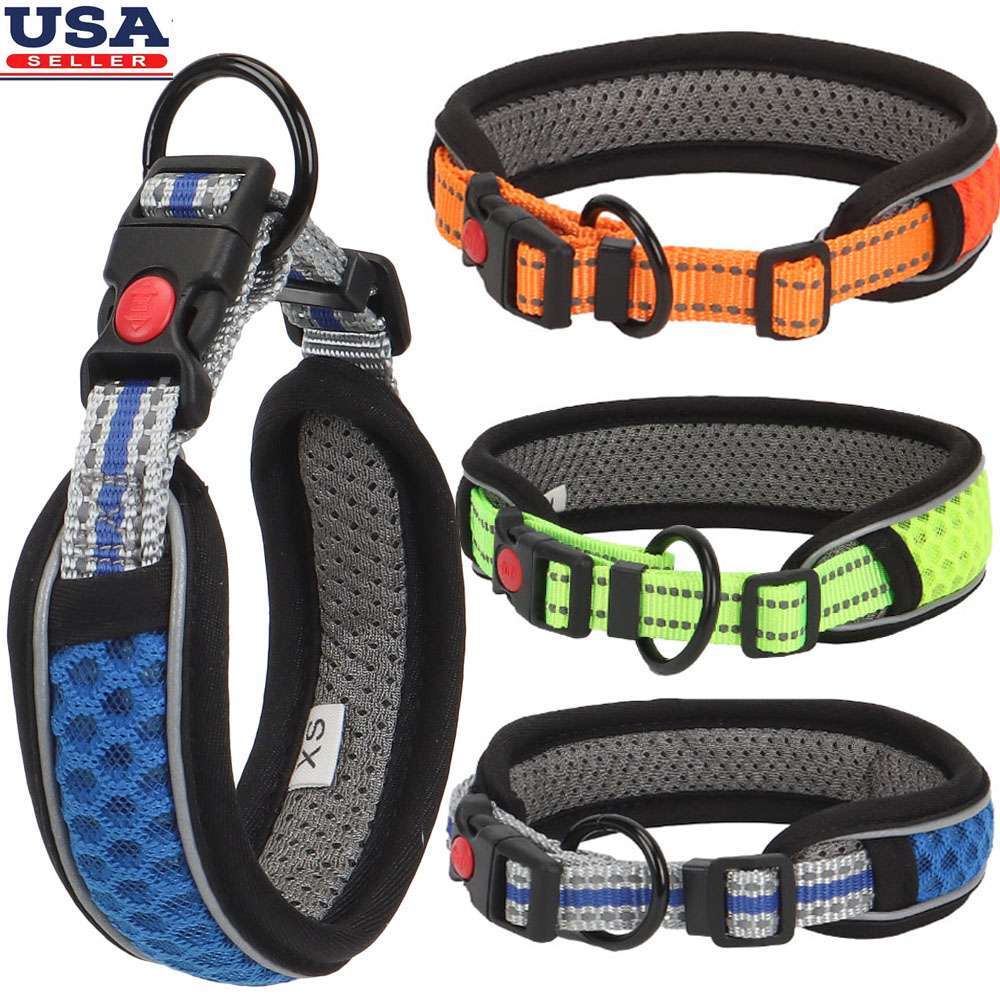 Dog Pet Adjustable Nylon Collar padded Reflective Small Medium Large With Buckle