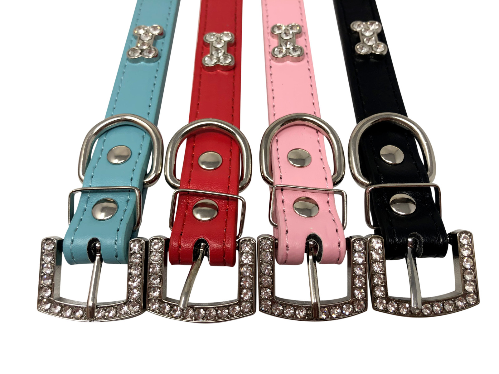Dog Collar Rhinestone Crystal Bling Bone Adjustable Faux Leather XS S M L