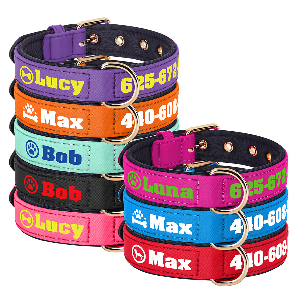 Personalized Nylon Dog Collar Custom Name Phone Print Soft Padded Adjustable S-L